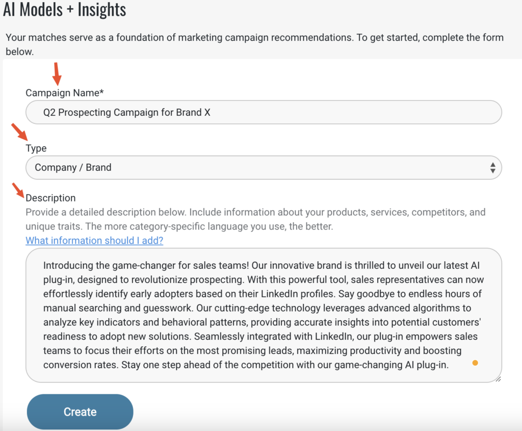 Screen showing how to segment a list of contacts by persona, and view brand affinity for a specific product.
